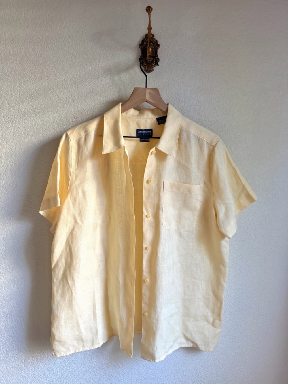 Liz Claiborne Linen Short Sleeve Button-Down Shirt - Butter Yellow